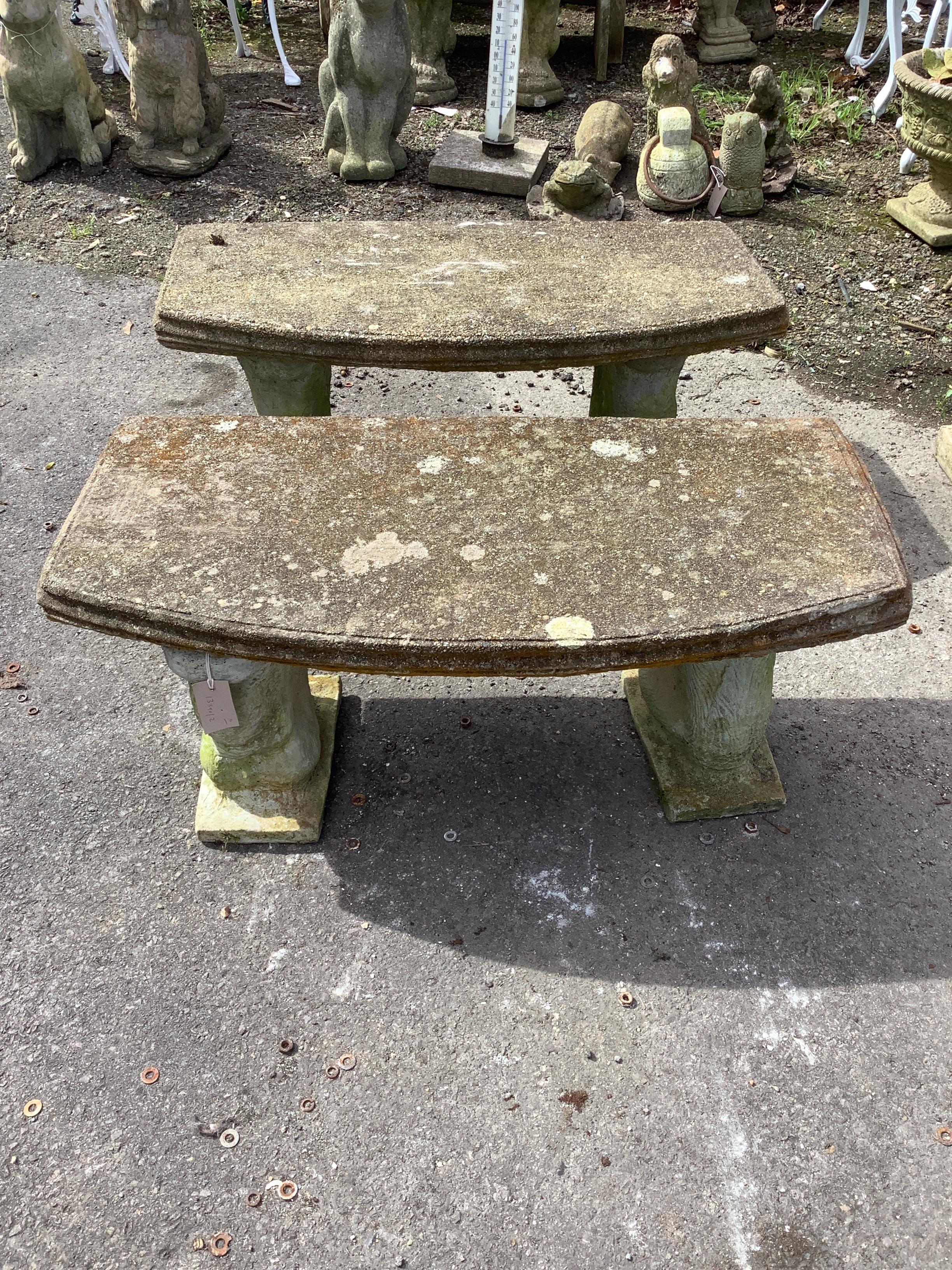 A pair of reconstituted stone garden bench seats, width 85cm, depth 40cm, height 37cm